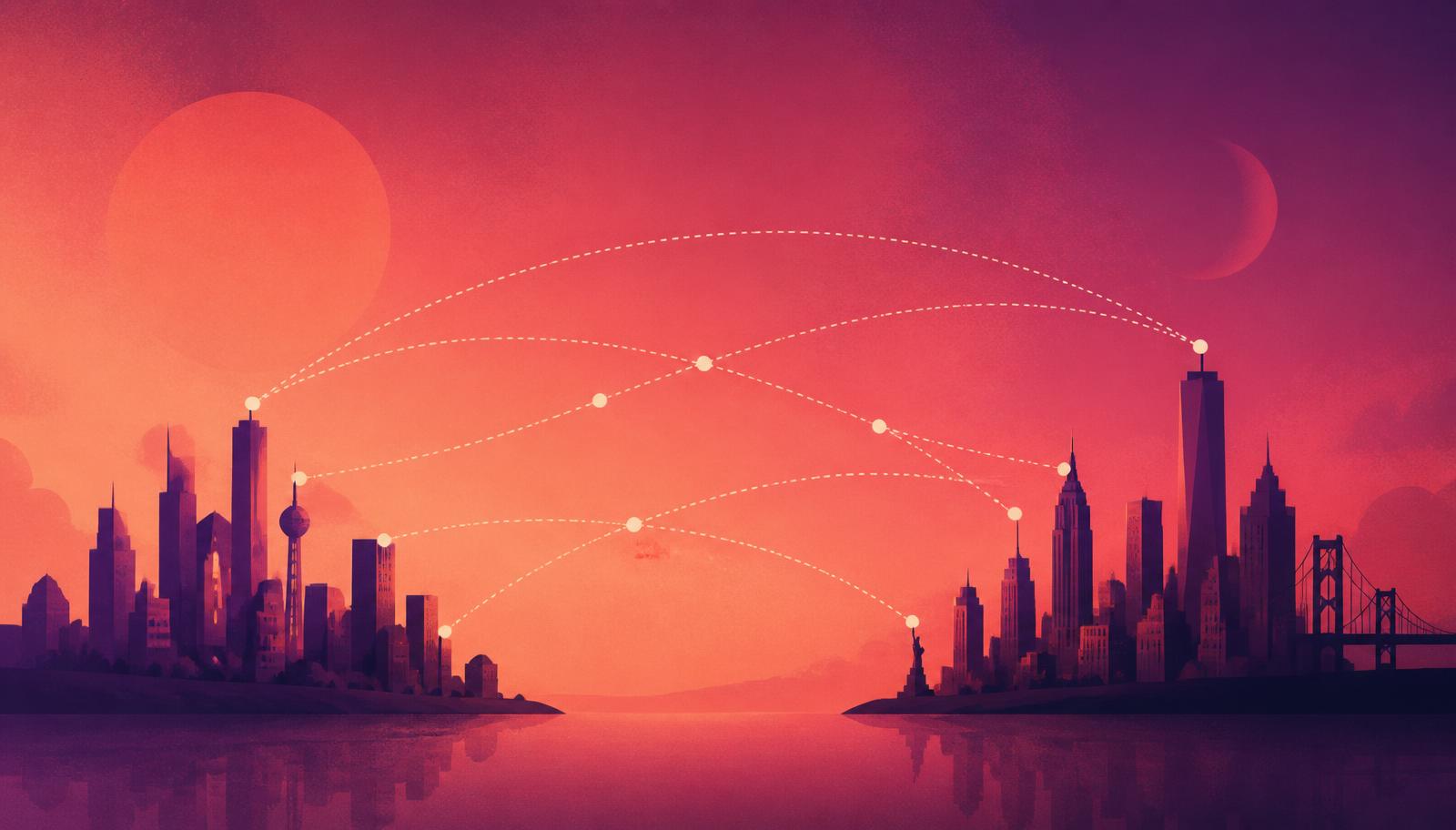 Two city skylines connected by dotted flight paths at sunset